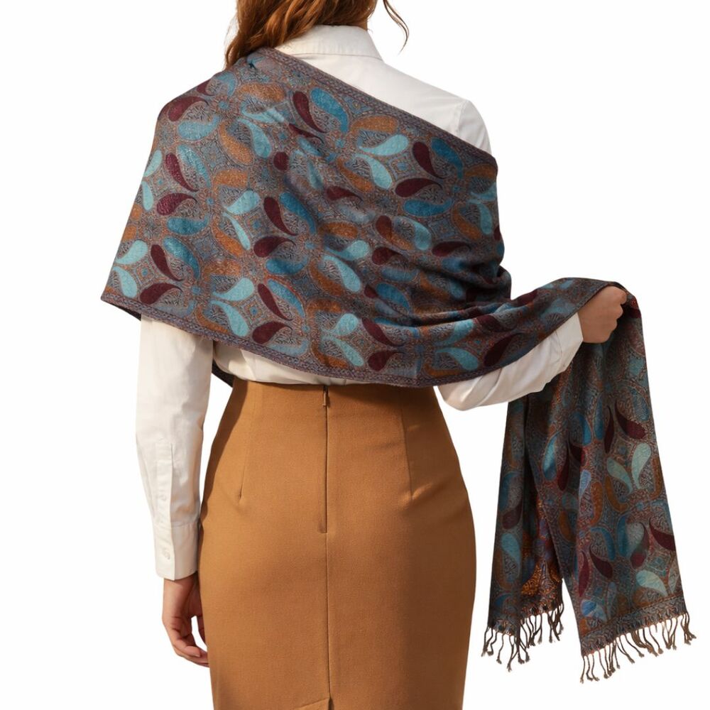 Pashmina Silk Paisley Shawl Wrap Blue Plum Gold Fringed Long Scarf Reversible